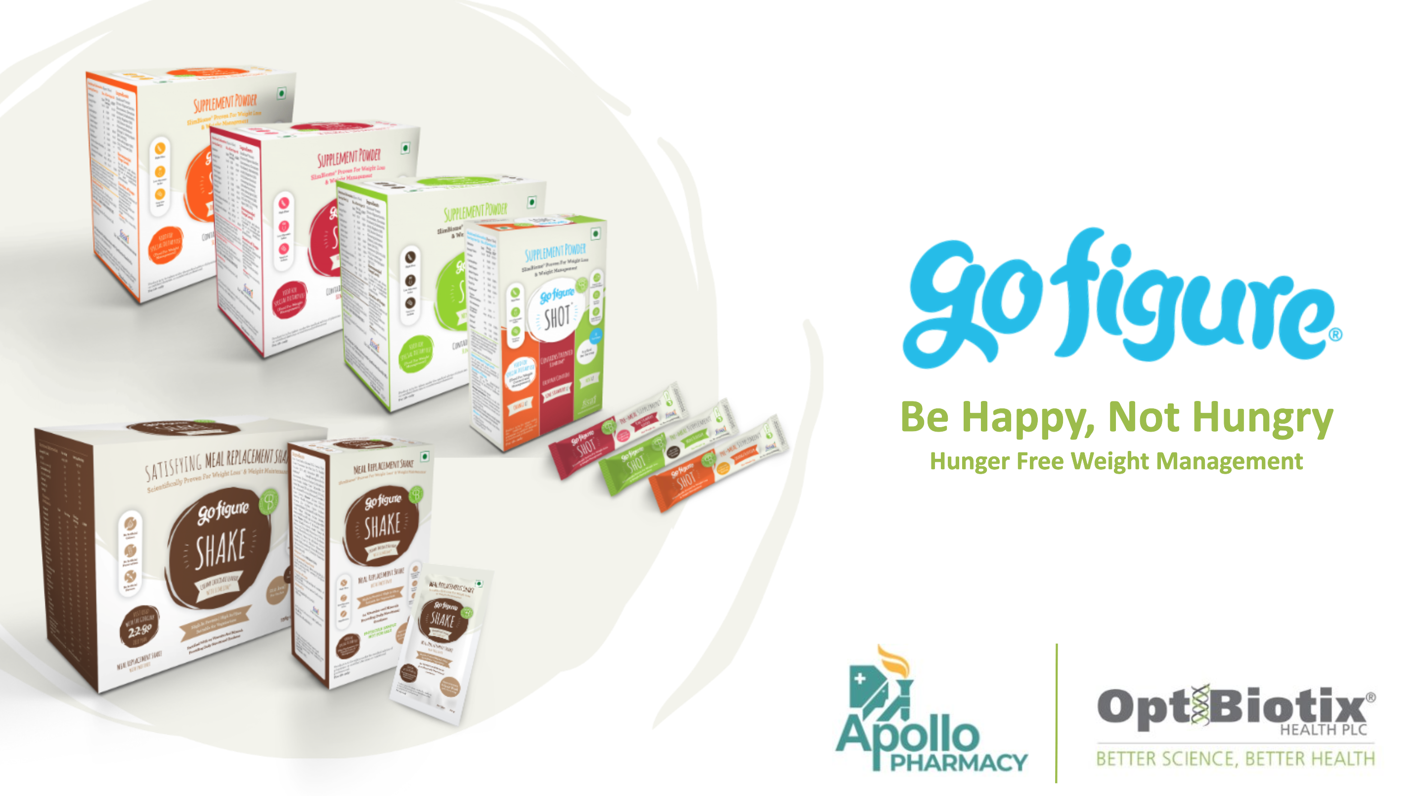 Selection of GoFigure products available in India through Apollo Pharmacy and OptiBiotix